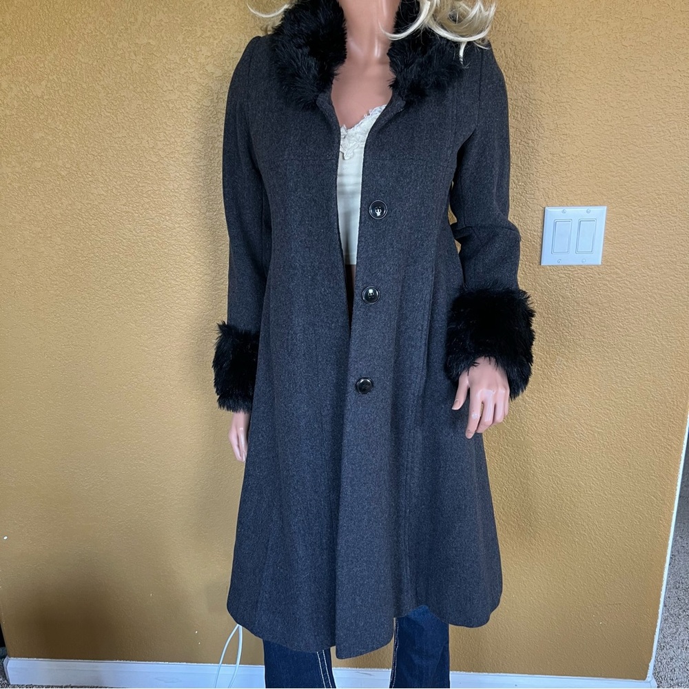 KC Collections Lambswool Faux Fur Embellished Long Coat - Picture 8 of 12
